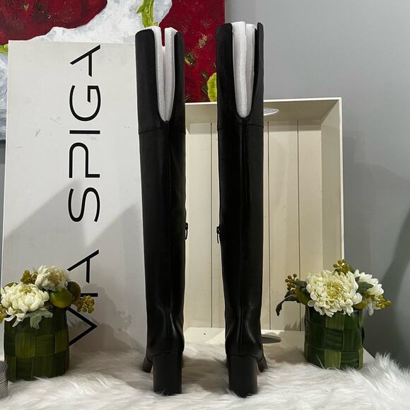 NEW Via Spiga Pebbled Leather Over The Knee OTK Chunky Heel Almond Boots 5.5 NIB - Picture 5 of 16
